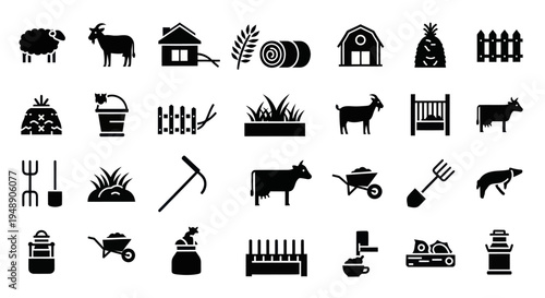 Farm Icons Black Glyph Set: Agriculture, Animals, Buildings, Tools, Crops