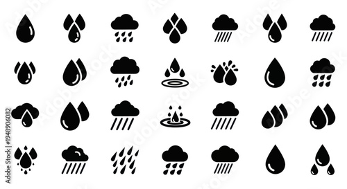 Weather Icons: Rain Drops and Clouds, Black  White Glyph Style