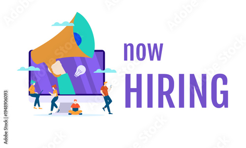 Now Hiring Concept with People Working Online and Megaphone Announcement from Computer Monitor