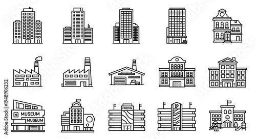 Diverse Collection of Outline Building Icons for Urban Development and Architectural Design Projects