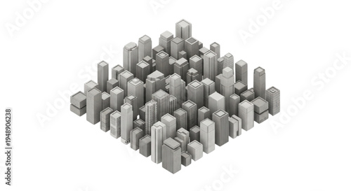 Abstract isometric cityscape with varying building heights and shades of gray