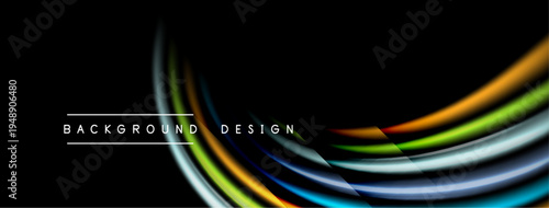Abstract flowing lines create dynamic visual effect. Bright colors contrast against dark background. Modern design element.