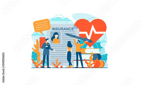 Health Insurance Policy Signing. Doctor explains medical coverage and life protection plan to clients, featuring a large insurance document, heart, and syringe.