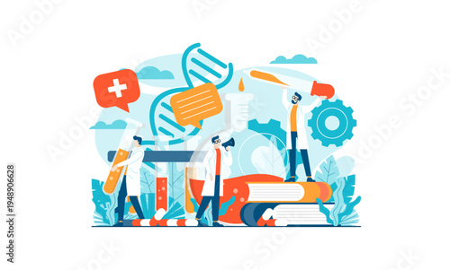 Scientists conducting medical and genetic research in a laboratory setting with DNA, lab equipment, and scientific books.