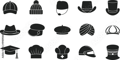 Assortment of headwear icons including hats, caps, and helmets Keywords: hat icon, cap icon, helmet icon, beanie icon, top hat