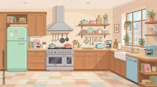 Cozy Retro Kitchen Interior with Pastel Appliances and Wooden Cabinets