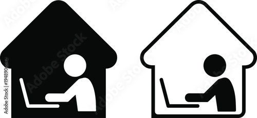 Black and White Icons of Person Working on Laptop Inside House Silhouette Keywords: work from home, remote work, home office