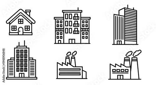 Collection of diverse building icons residential, commercial, and industrial structures in outline style