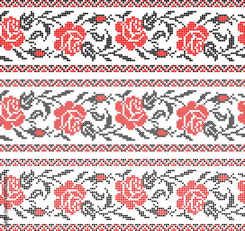 Ukrainian vyshyvanka embroidery seamless vector set with traditional folk floral ornament. Perfect for fabric design, textile prints, embroidery charts, folk decorations and Ukrainian patterns