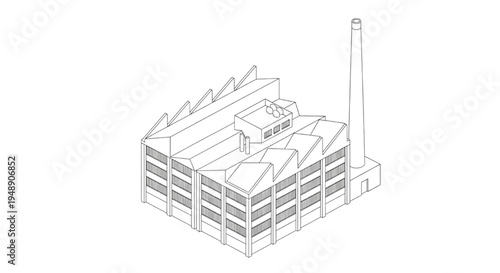 Detailed isometric line art of a factory building and smokestack, representing manufacturing and industrial growth