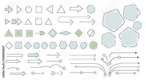 Geometric Shapes and Flow Chart Arrows Icon Set on White Background