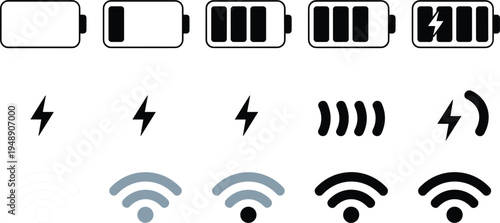 Battery and signal strength indicator icons in black and grey on white power charge
