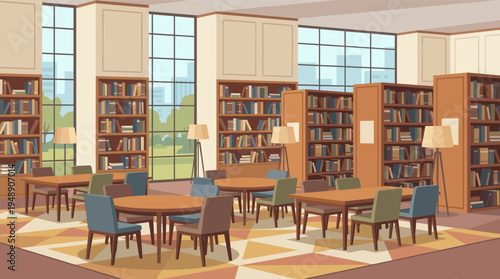 Modern Public Library Interior with Bookshelves Study Tables and Large Windows