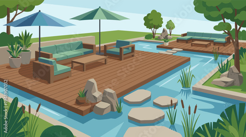 Modern Backyard Garden with Wooden Deck and Swimming Pool Illustration