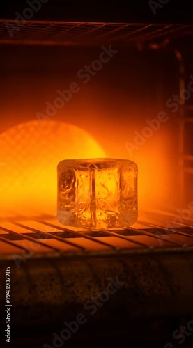 Unmelted Ice Cube Remaining Solid Inside Glowing Red Hot Industrial Oven