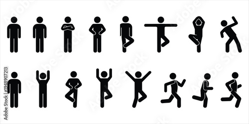 Collection of eighteen black human silhouette figures in active poses on white people silhouettes