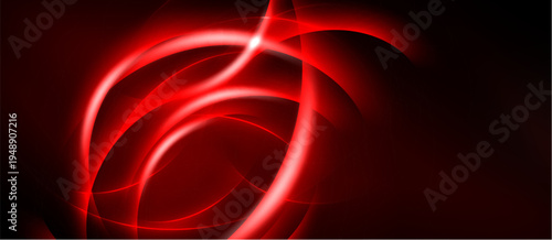 Abstract red swirls, dynamic lines, glowing effect. Dark background emphasizes bright curves, creating energetic visual impact.