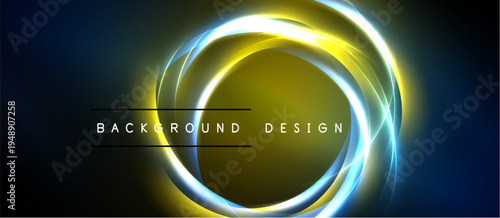 Abstract design features concentric glowing circles. Blue, yellow hues blend into dark background. Text reads background design. Modern, dynamic visual.