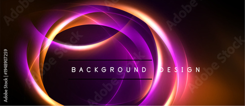 Abstract neon lights form circular shapes. Vibrant purple, orange hues dominate dark background. Text reads background design.