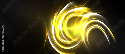 Bright yellow swirls dominate dark background. Energy radiates from central point, creating dynamic visual effect. Smooth curves suggest motion.