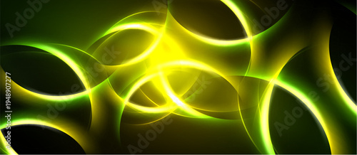 Abstract design features luminous yellow, green curves against dark background. Dynamic composition evokes energy, movement.