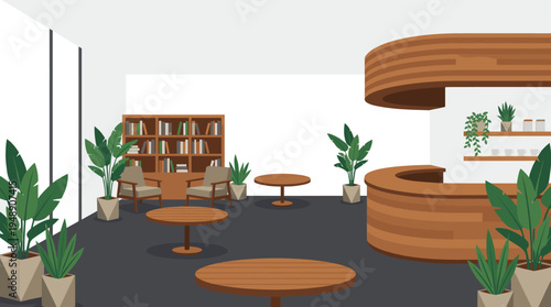 Modern Eco Friendly Office Lounge Interior with Wooden Furniture and Green Plants