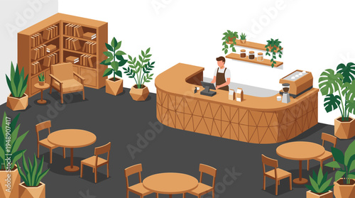 Isometric Modern Cafe Interior with Barista and Potted Plants