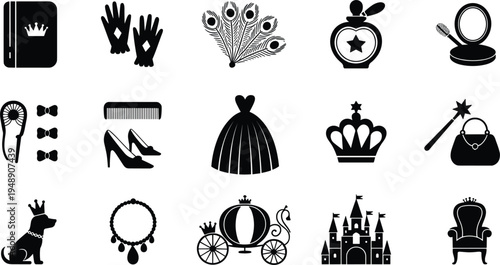 Collection of princess and royal themed icons including castle, carriage, and crown Keywords: princess icon, royal icon, castle
