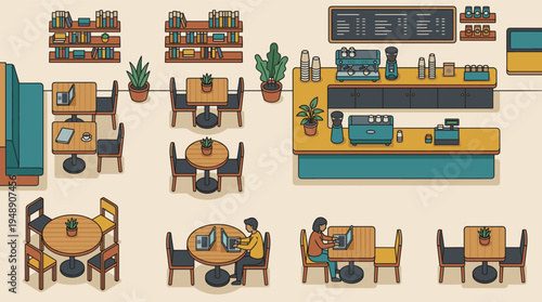 Modern Cafe Interior with People Working on Laptops and Coffee Bar Counter