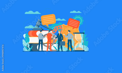 Legal System Illustration: Police Officer, Prisoner, and Lawyer Discussing Justice