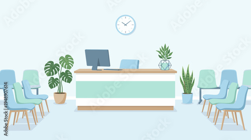 Modern Clinic Reception Area and Waiting Room Interior with Desk Chairs and Plants