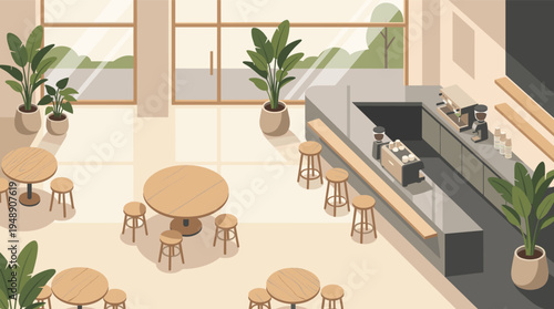 Modern Minimalist Coffee Shop Interior with Wooden Furniture and Potted Plants