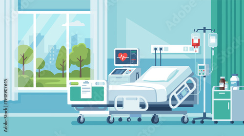 Modern Hospital Patient Room Interior with Medical Equipment and City View