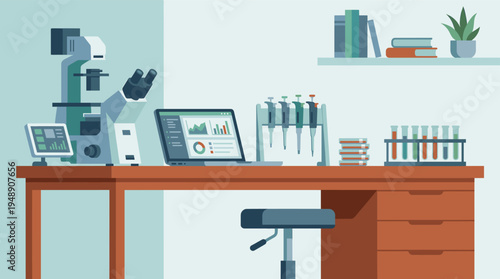 Modern Scientific Research Laboratory Workspace with Microscope Laptop and Medical Equipment