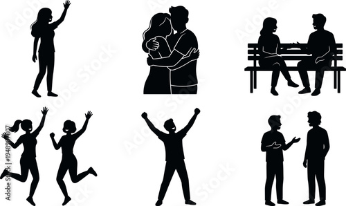 People interaction silhouette collection including waving woman hugging couple friends talking sitting on bench celebrating and jumping figures isolated vector set