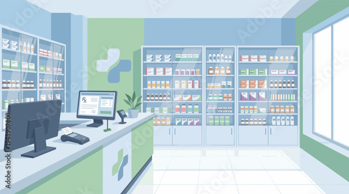 Modern Pharmacy Interior with Medicine Shelves and Counter for Healthcare and Pharmaceutical Services