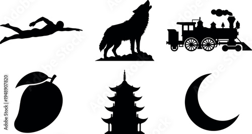Collection of black silhouette icons including diver wolf steam train mango pagoda crescent moon symbols isolated minimal vector shapes on white background