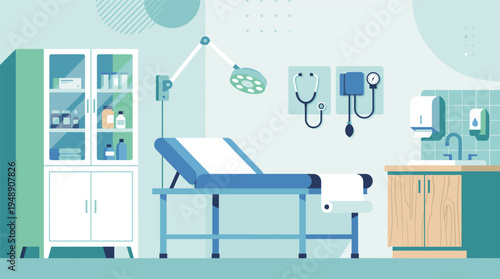 Modern Medical Examination Room Interior with Doctor Office Equipment and Patient Bed