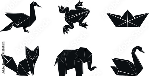 Black origami animals and paper boat silhouettes set including swan frog fox elephant geometric polygon fold art icons isolated on white background