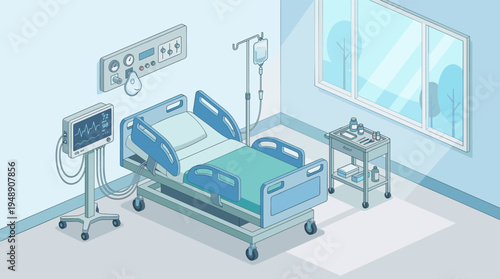 Modern isometric hospital ward interior with medical monitor bed and iv drip stand