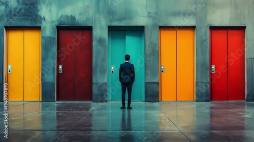 A person in business attire stands before four colorful elevators in a modern building with reflective walls during the day
