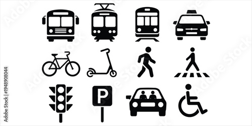 Set of black icons for urban transportation and traffic symbols vector illustration