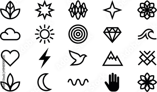 Abstract symbol icon set featuring leaf star sun cloud heart lightning bird mountain diamond moon hand and wave minimal outline collection