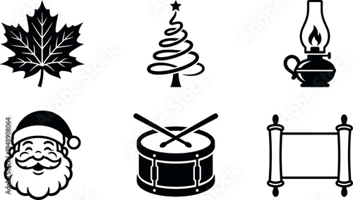 Holiday and tradition icon set featuring maple leaf Christmas tree Santa drum oil lamp and Torah scroll black silhouette symbols