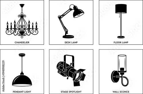 Lighting fixture silhouette icon set featuring chandelier, desk lamp, floor lamp, pendant light, stage spotlight and wall sconce isolated on light background