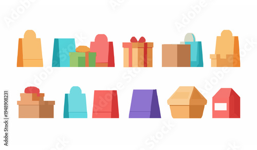Shopping bags and boxes vector set retail packaging paper bag gift box collection