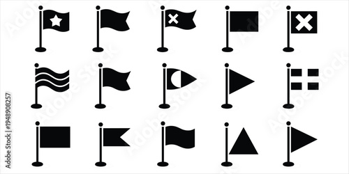 Set of various flag icons in black silhouette on a white background banner symbol