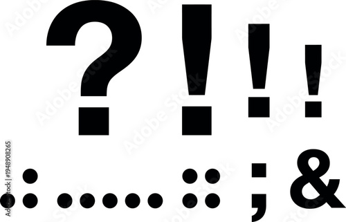 Punctuation mark symbol icon set including question mark, exclamation mark, comma, semicolon, ellipsis and ampersand isolated on light background