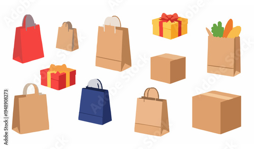 Shopping bag and packaging box collection retail store container vector illustration