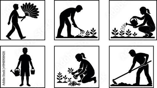 Gardening people silhouette icon set with planting, watering, digging and harvesting activities, gardener working in garden isolated in square frames